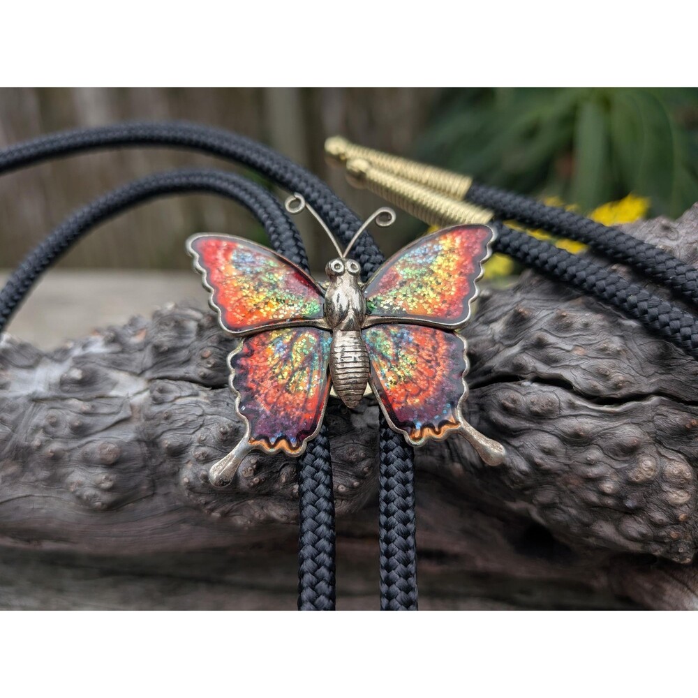 Handcrafted Stamped Metal Butterfly Bolo Tie, Butterfly Western Necklace